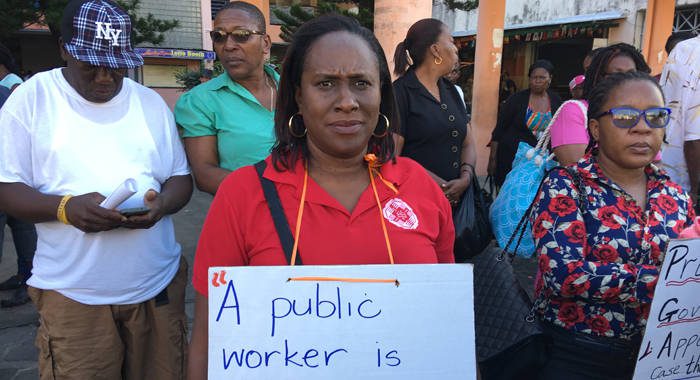 Head of the SVG Teachers Union, Wendy Bynoe on the picket line in Kingstown on Monday. (iWN photo)