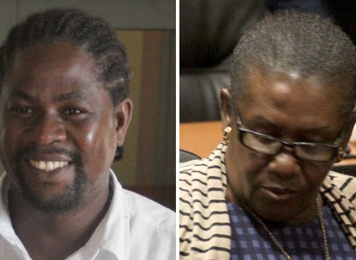 The court ruled that presiding officer Veronica John, right, was wrong to refuse to take the ballot of voter Deryck Smart, left, amidst and allegation that he took a photo inside the polling station. (iWN photos)