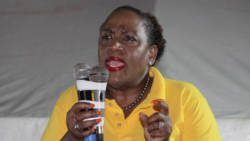 Opposition Senator, Kay Bacchus-Baptiste speaks at the rally of the New Democratic Party in Layou on Saturday. (iWN photo)