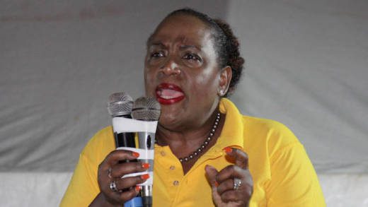 Opposition Senator, Kay Bacchus-Baptiste speaks at the rally of the New Democratic Party in Layou on Saturday. (iWN photo)