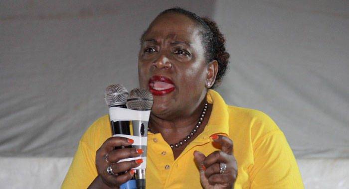 Opposition Senator, Kay Bacchus-Baptiste speaks at the rally of the New Democratic Party in Layou on Saturday. (iWN photo)