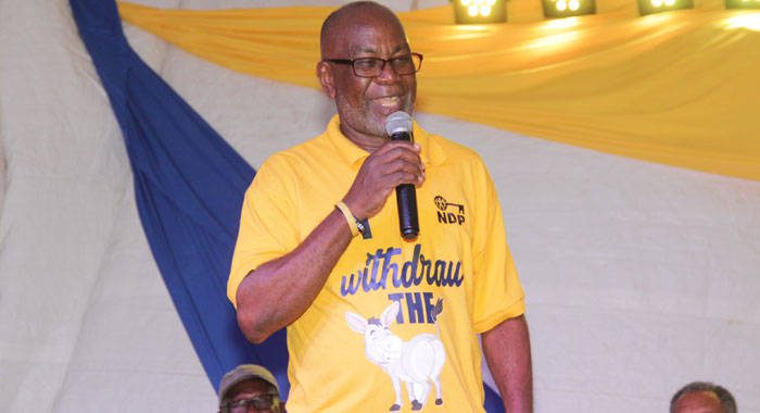 Member of Parliament for Central Kingstown, St. Clair Leacock, again last Saturday, wore the t-shirt that Minister of Works, Senator Julian Francis complained about in Parliament. (iWN photo)
