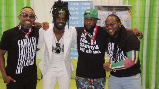 From left: Soca stars Machel Montano, Skinny Fabulous, Bunji Garlin, and Dominican Dada, who produced the music for the song, at Argyle International Airport on Wednesday. (iWN photo)