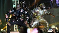 Skinny Fabulous centre, performs alongside Machel Montano, left, and Bunji Garlin. (Photo: Ebuzztt)