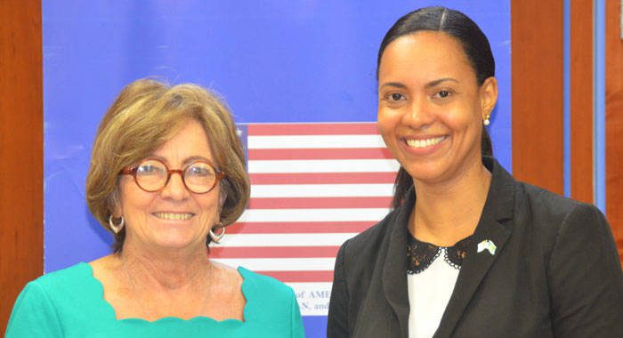 Carla James (right) meets with U.S. Ambassador Linda Taglialatela before her departure. 