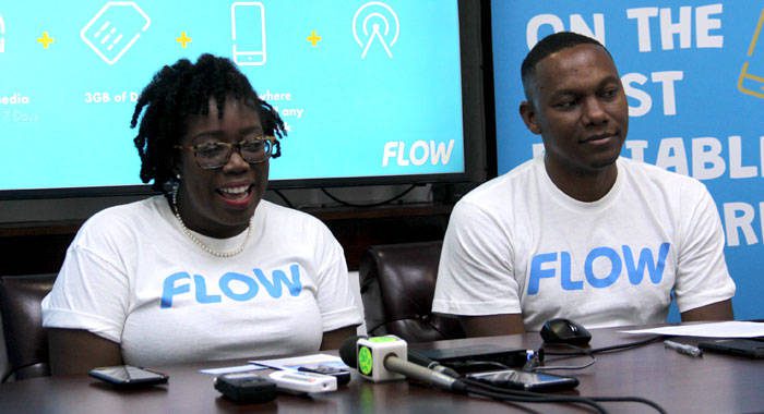 Flow country manager, Wayne Hull, right, and company spokesperson, Nikala Williams at Thursday's media launch. (iWN photo)