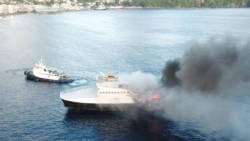 The MV Gem Star ablaze at sea Tuesday evening. (Photo: Desert Fox Photography/Social Media)