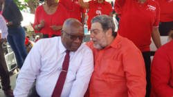 Prime Minsiter of St. Kitts and Nevis, Timothy Harris, left, and Prime Minister of St. Vincent and the Grenadines, Ralph Gonsalves, speaking on the platform at the ULP rally in Kingstown last Thursday. (Photo: Lance Neverson/Facebook)