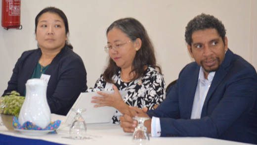 Yoko Ebisawa, UNDP J-CCCP Project Manager,  Chisa Mikami, UNDP Resident Representative a.i., and Minister Camillo Gonsalves during the workshop’s opening ceremony.