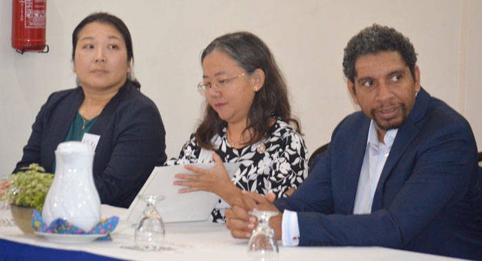 Yoko Ebisawa, UNDP J-CCCP Project Manager,  Chisa Mikami, UNDP Resident Representative a.i., and Minister Camillo Gonsalves during the workshop’s opening ceremony.