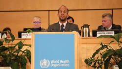 Minister of Health, Senator Luke Browne addressing the World Health Assembly in Geneva last week. 