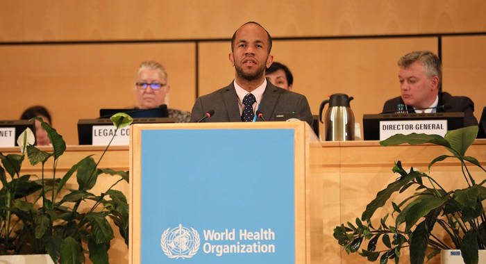 Minister of Health, Senator Luke Browne addressing the World Health Assembly in Geneva last week. 