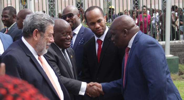 Prime Minister Ralph Gonsalves, left, introduces President of Ghana, Nana Addo Dankwa Akufo-Addo, centre to Member of Parliament in Kingstown on Wednesday. (iWN photo) 