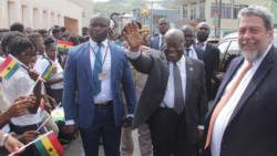 President of Ghana, Nana Addo Dankwa Akufo-Addo, centre, greets students and other persons in Kingstown on Wednesday while Prime Minister Ralph Gonsalves of St. Vincent and the Grenadines, right, looks on. (iWN photo) 