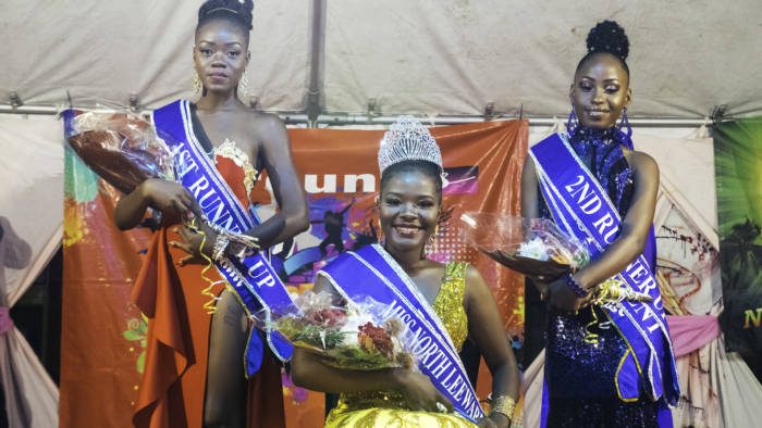 Miss North Leeward 2019, Kysa Dowers of Cumberland; flanked by first runner-up Andrea Delplesche, Miss Rose Bank (left), and second runner-up Ruth Seaton, Miss Spring Village (right)