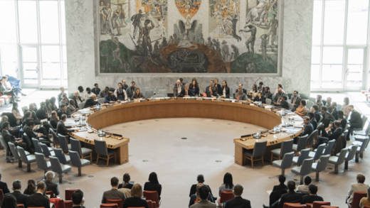 The UNited Nations Security Council in session during the pre-COVID-19 period.