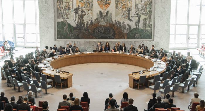 The UNited Nations Security Council in session during the pre-COVID-19 period.