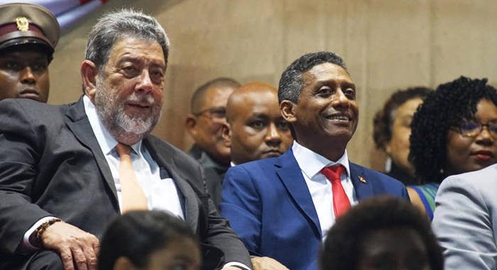 Prime Minister of SVG, Ralph Gonsalves, left, President of Seychelles, Danny Faure and Jinelle Adams, minister counsellor in Office of the SVG High Commission to the United Kingdom. (Photo: State House Seychelles/Facebook) 