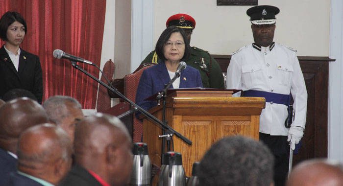Taiwan president, Tsai Ing-wen addresses the St. Vincent and the Grenadines Parliament, on Tuesday, during an official two-day visit. (iWN photo)