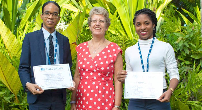 British High Commissioner Janet Douglas, centre, with Vincentian scholarship recepients, Jeshua Bardoo, left, and Jenell Gibson.