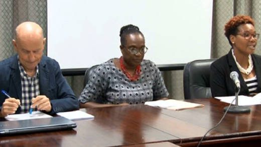 From left: EU Delegate Andrea Serpagli, Permanent Secretary in the Ministry of Foreign Affairs, Trade and Commerce Sandy Peters-Phillips, and Director of Trade Okolo John-Patrick. (Photo: API)
