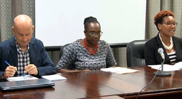From left: EU Delegate Andrea Serpagli, Permanent Secretary in the Ministry of Foreign Affairs, Trade and Commerce Sandy Peters-Phillips, and Director of Trade Okolo John-Patrick. (Photo: API)