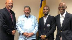 From left: President of Cricket West Indies, Ricky Skerritt, Prime Minister Ralph Gonsalves, Vice President of Cricket West Indies, Kishore Shallow, and former West Indies wicketkeeper, selector and SVG Sports Ambassador, Mike after their Aug. 15 meeting. (Photo: Office of the Prime Minister/Facebook)
