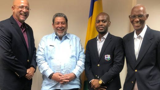 From left: President of Cricket West Indies, Ricky Skerritt, Prime Minister Ralph Gonsalves, Vice President of Cricket West Indies, Kishore Shallow, and former West Indies wicketkeeper, selector and SVG Sports Ambassador, Mike after their Aug. 15 meeting. (Photo: Office of the Prime Minister/Facebook)
