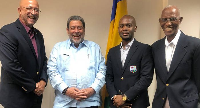 From left: President of Cricket West Indies, Ricky Skerritt, Prime Minister Ralph Gonsalves, Vice President of Cricket West Indies, Kishore Shallow, and former West Indies wicketkeeper, selector and SVG Sports Ambassador, Mike after their Aug. 15 meeting. (Photo: Office of the Prime Minister/Facebook)
