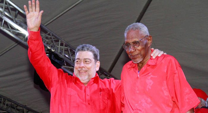 Prime Minister Ralph Gonsalves, left, and Sir Vincent Beache at a Unit Labour Party rally in April 2018. (iWN photo)