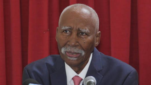 Former Governor General, Sir Frederick Ballantyne speaks at the swearing-in of his successor, Susan Dougan at Government House on Aug. 1, 2019. (iWN photo)
