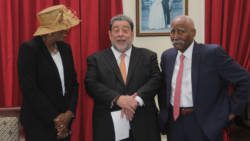 From left: Governor General Susan Dougan, Prime Minister Ralph Gonsalves, and former governor general, Sir Frederick Ballantyne at the installation ceremony on Aug. 1 (iWN photo)