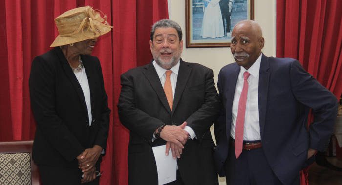 From left: Governor General Susan Dougan, Prime Minister Ralph Gonsalves, and former governor general, Sir Frederick Ballantyne at the installation ceremony on Aug. 1 (iWN photo)