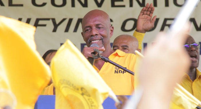 Member of Parliament for East Kingstown, Arnhim Eustace speaks at the NDP convention rally in Arnos Vale in September, when he announced that he will not contest the next general election. (iWN photo)