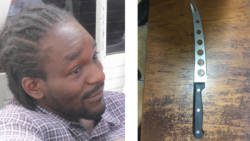 Augustine Jennings, left, and the knife that landed him the nine-month jail term. (iWN photos) 