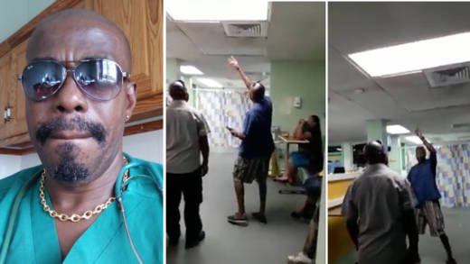 Dr. Michael Goodluck, left, and two screenshot of the video taken at Milton Cato Memorial Hospital last Friday.