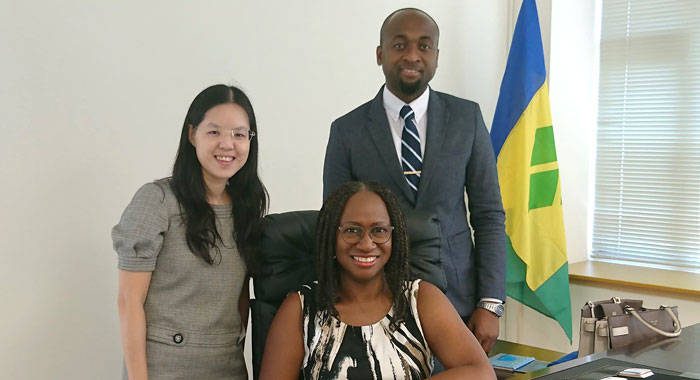SVG Ambassador to Taiwan, Andrea Bowman, centre, and her staff -- Minister Counsellor Elroy Wilson, right, and Secretary Diana Chao.