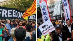 Protest in Catalonia, left, and Hong Kong, right. (Internet photos)