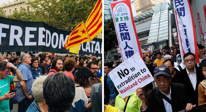 Protest in Catalonia, left, and Hong Kong, right. (Internet photos)