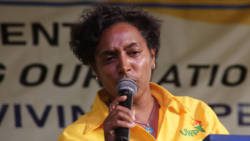 Nancy Charles of St. Lucia's United Workers Party speaking at the NDP's convention rally on Sunday. (iWN photo)