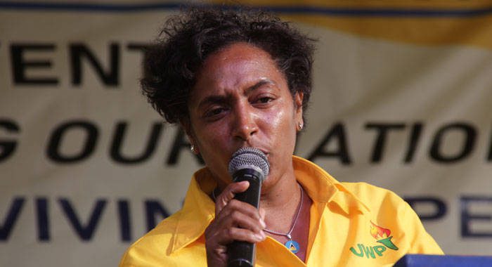 Nancy Charles of St. Lucia's United Workers Party speaking at the NDP's convention rally on Sunday. (iWN photo)