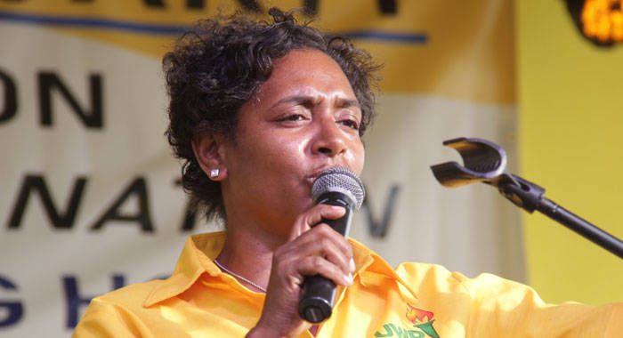 Nancy Charles, deputy chair of the ruling United Workers Party in St. Lucia, speaking at the NDP rally on Sunday. (iWN photo)