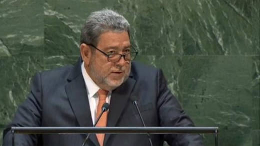 Prime Minister Ralph Gonsalves addresses the United Nations General Assembly on Sept. 27. 