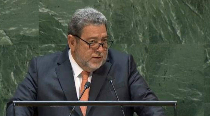 Prime Minister Ralph Gonsalves addresses the United Nations General Assembly on Sept. 27. 