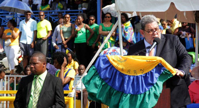 Prime Minister Ralph Gonsalves delivers his Independence Address at Victoria Park on Sunday, the 40th anniversary of Independence from Britain. (iWN photo) 