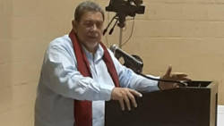 Prime Minister Ralph Gonsalves speaks at the town hall meeting in New York on Saturday. (Photo: Garnes Byron/Facebook)