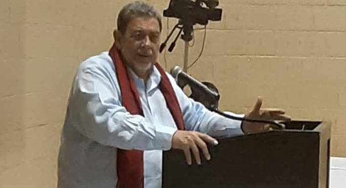 Prime Minister Ralph Gonsalves speaks at the town hall meeting in New York on Saturday. (Photo: Garnes Byron/Facebook)