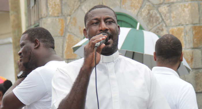 The Reverend Adolph Davis speaking during the march and rally in Kingstown on Thursday. (iWN photo)