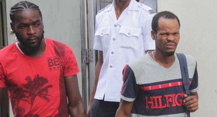 The two men, Anlee Parsons, left, and Hyah Browne leave the Serious Offences Court in November 2019. The case against them was withdrawn on Friday. (iWN photo)