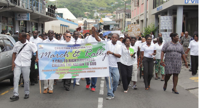 Members of the Christian community march in Kingstown on Thursday in support of the nation's buggery and gross indecency laws. (iWN photo)